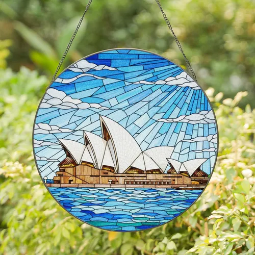 Colorful Sydney Opera House Stained Glass Mosaic - Ocean Waves & Sky Clouds Window Decor Stained Glass Suncatcher