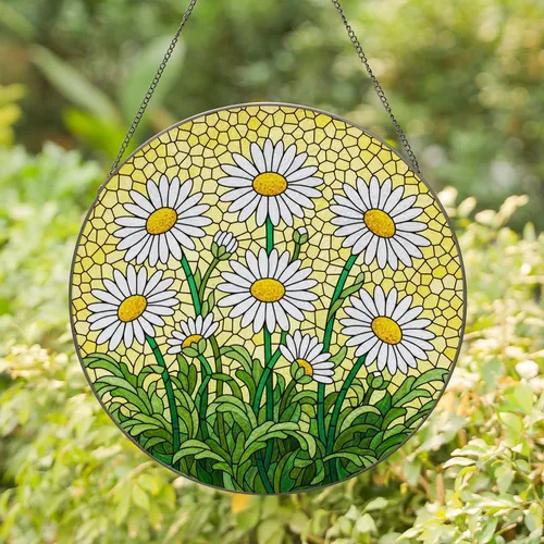 Seven Full-Bloom Daisies Stained Glass - White Yellow Green Tiffany Style Mosaic Art Stained Glass Suncatcher