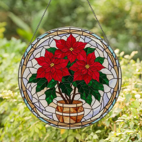 Poinsettia Stained Glass Mosaic - Tiffany Style Christmas Holiday Home Decor Stained Glass Suncatcher