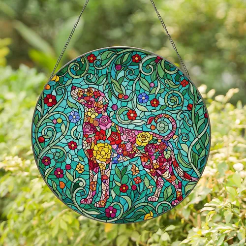 Dog Floral Mosaic Stained Glass - Tiffany Style Intricate Botanical Jewel Tone Decor Stained Glass Suncatcher