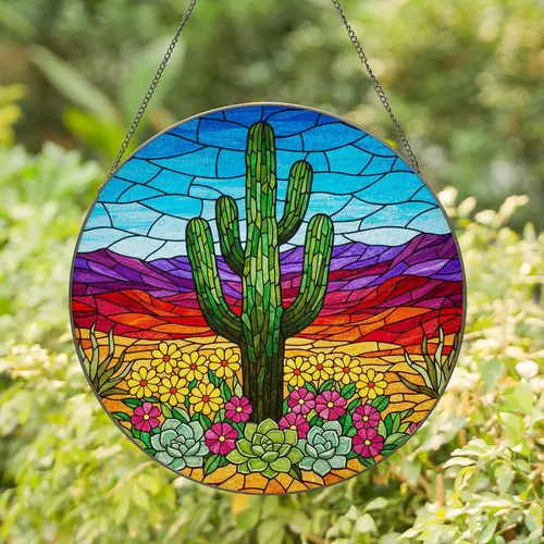 Saguaro Cactus Stained Glass Mosaic Desert Landscape Tiffany Jewel Tones Flowers Succulents Stained Glass Suncatcher
