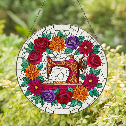 Vintage Sewing Machine Stained Glass Art, Jewel Tone Flowers & Tiffany Style Mosaic Stained Glass Suncatcher