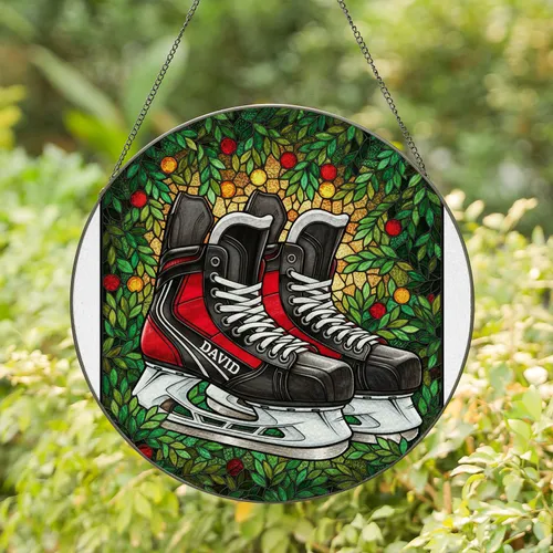 Hockey Skates DAVID Red Black - Jewel Tone Stained Glass Art Evergreen Fan Gift Stained Glass Suncatcher