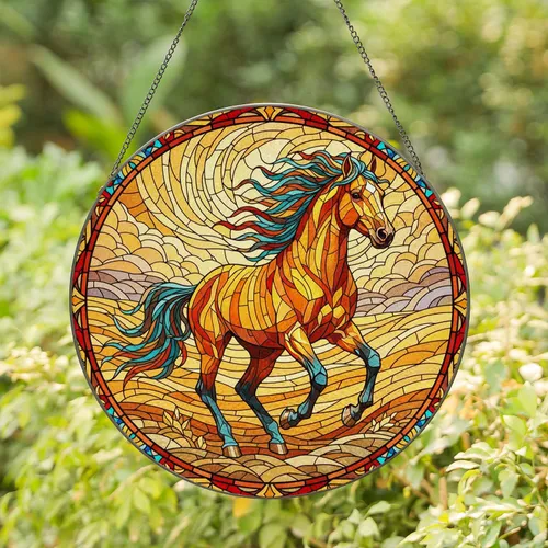 Galloping Horse Stained Glass Art - Tiffany Style Jewel Tones Luminous Nature Mosaic Stained Glass Suncatcher