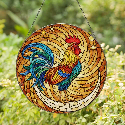 Majestic Rooster Crescent Moon Tiffany Style Stained Glass Celestial Art Stained Glass Suncatcher