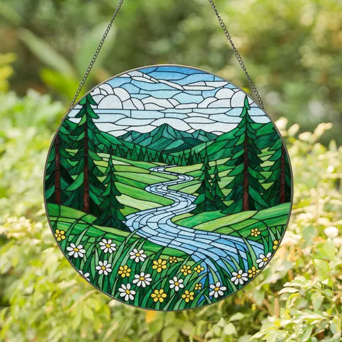 Tiffany Stained Glass River Landscape - Evergreen Pines, Daisies, Mountain Clouds Stained Glass Suncatcher