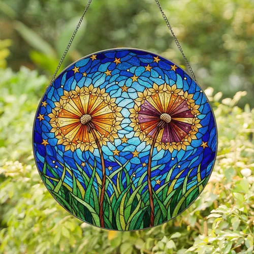 Dandelion Seed Heads Starburst Celestial Night Sky Golden Stars Stained Glass Mosaic Stained Glass Suncatcher
