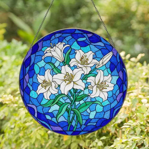 White Lilies Full Bloom Stained Glass Tiffany Style - Blue Aqua Green Yellow Swirls Stained Glass Suncatcher