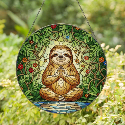 Glowing Stained Glass Meditating Sloth Tropical Jungle Tiffany Style Stained Glass Suncatcher