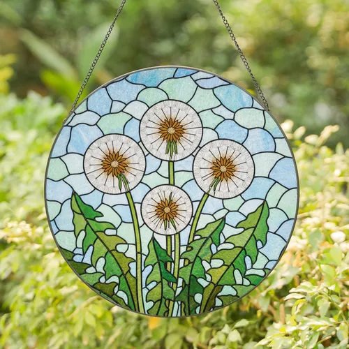Dandelion Puffballs Stained Glass - Tiffany Style Green Leaves Blue Sky Window Decor Stained Glass Suncatcher