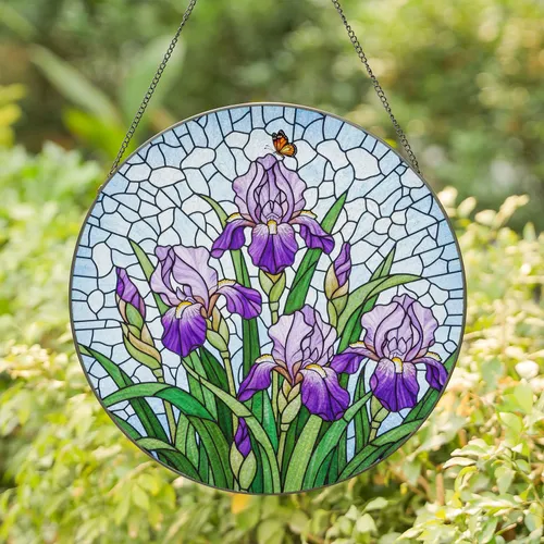 Purple Lavender Iris Flowers Orange Butterfly Tiffany Stained Glass Art - Home Decor Gift Stained Glass Suncatcher
