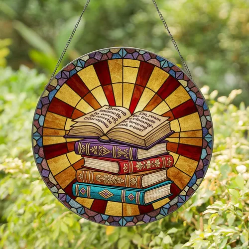 Tiffany Glass Fanned Open Book Stack Mosaic Art - Jewel Tones Intricate Patterns Decor Stained Glass Suncatcher