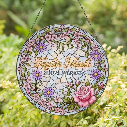 Taylor Nicole Social Worker Stained Glass Floral Rose Tiffany Style Jewel Tone Gift Stained Glass Suncatcher