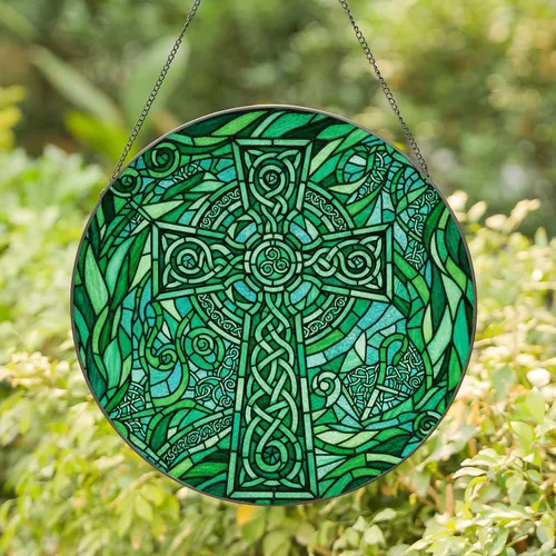 Ornate Celtic Cross Stained Glass - Tiffany Style Emerald Green Teal Intricate Mosaic Patterns Stained Glass Suncatcher