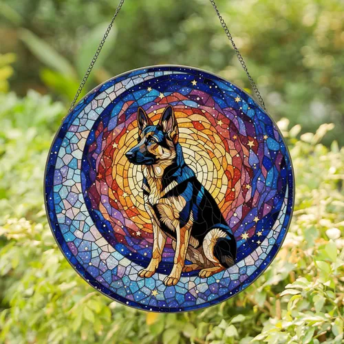 Detailed German Shepherd Crescent Moon Stained Glass Art - Celestial Nebula Tiffany Style Stained Glass Suncatcher