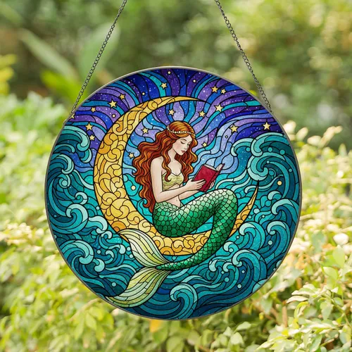 Mermaid Reading Book Crescent Moon - Iridescent Tail Tiffany Stained Glass Art Stained Glass Suncatcher