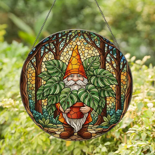 Garden Gnome Stained Glass Orange Hat Terra Cotta Pot Forest Green Tiffany Glass Stained Glass Suncatcher