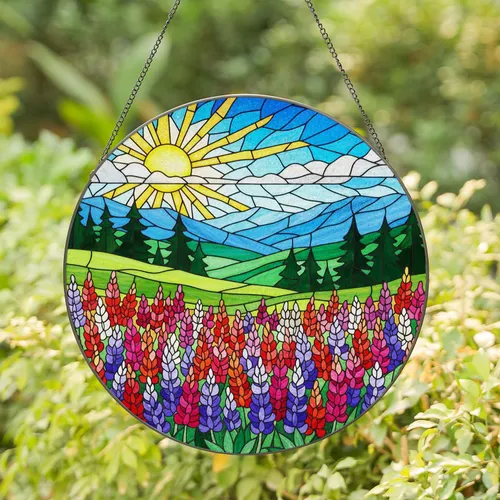 Lupine Wildflower Meadow Stained Glass Evergreen Mountain Sun Mosaic Window Art Stained Glass Suncatcher