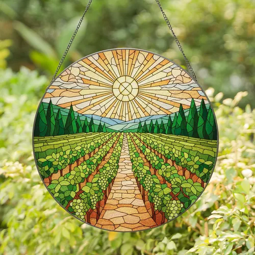 Stained Glass Vineyard Scene with Green Grapevines, Rolling Hills, & Stylized Sun Art Stained Glass Suncatcher