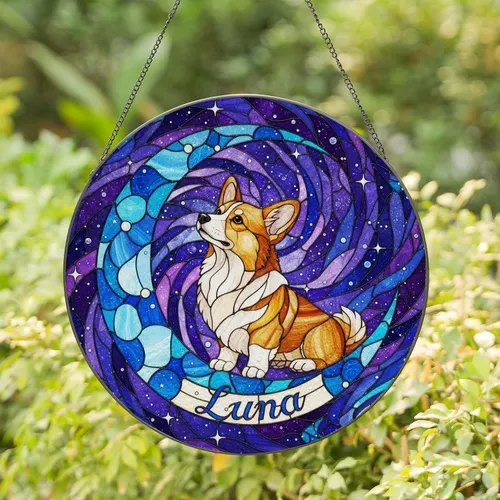 Corgi Dog Stained Glass Crescent Moon Cosmic Sky Art - Luna Name Glowing Jewel Tones Stained Glass Suncatcher