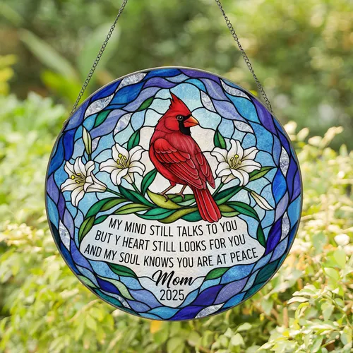 Red Cardinal White Lilies Mom Memorial - Remembrance Sympathy Gift for Mother 2025 Stained Glass Suncatcher
