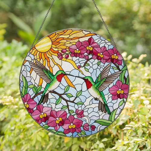 Stained Glass Hummingbird Orchid Sun Sky - Tiffany Style Mosaic Window Art Stained Glass Suncatcher