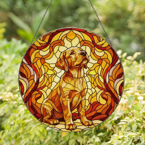 Labrador Puppy Stained Glass - Tiffany Style Geometric Mosaic Warm Jewel Tones Window Decor Stained Glass Suncatcher