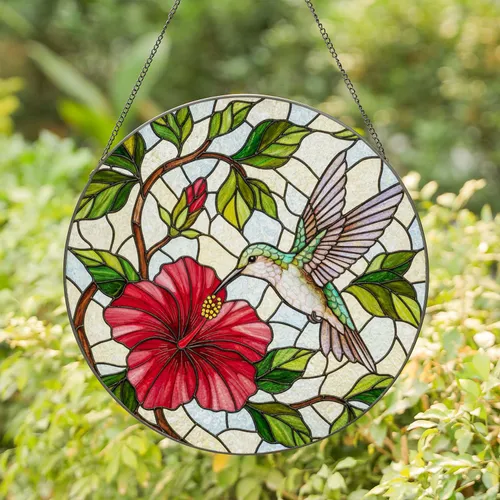 Iridescent Hummingbird Red Hibiscus Stained Glass Tiffany Mosaic Jewel Tones Art Stained Glass Suncatcher