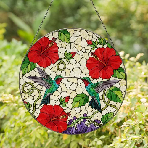 Ruby-throated Hummingbirds Red Hibiscus Stained Glass Panel - Tiffany Mosaic Jewel Tones Stained Glass Suncatcher