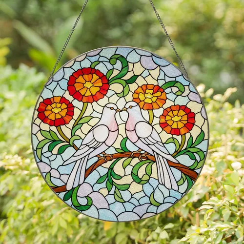 Two White Doves Marigold Flowers Curving Branch Tiffany Style Stained Glass Window Decor Stained Glass Suncatcher