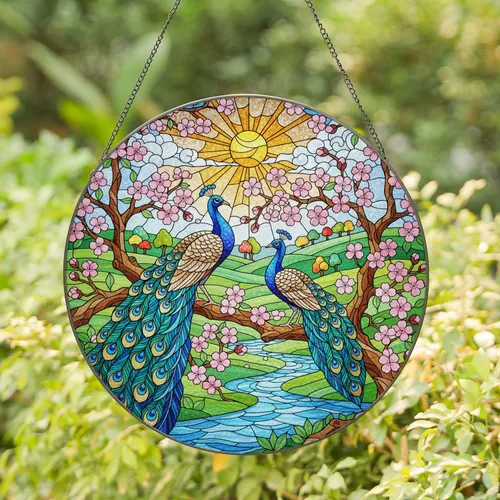 Two Peacocks Stained Glass Cherry Blossoms River Landscape Art, Tiffany Inspired Stained Glass Suncatcher