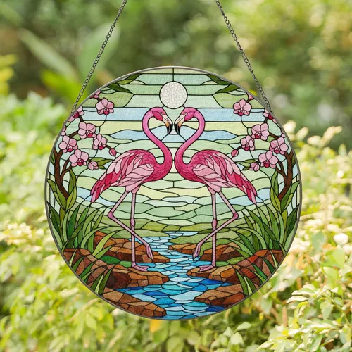 Pink Flamingos Heart Stream Blue Water Orchids Tiffany Glass Style Colorful Nature Stained Glass Suncatcher