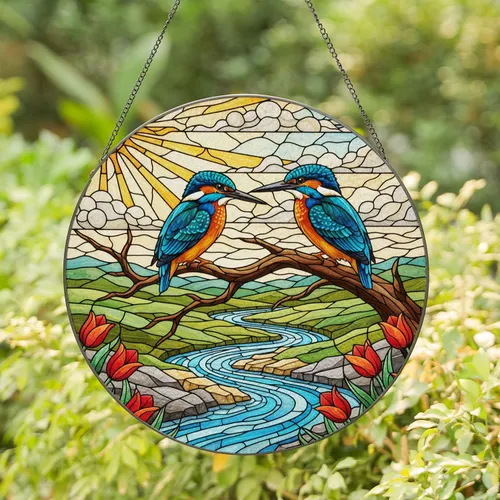 Kingfisher Birds Tiffany Stained Glass Art, River Tulips Sun Jewel Tone Mosaic Landscape Stained Glass Suncatcher