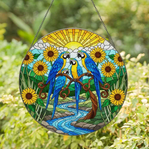 Blue Yellow Macaw Bird Sunflowers River Stained Glass Art - Tiffany Jewel Tone Nature Decor Stained Glass Suncatcher