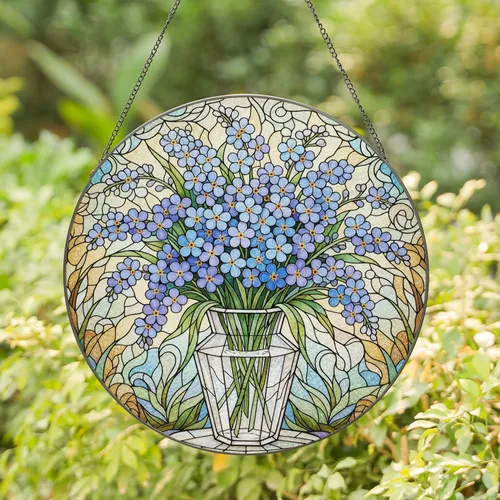 Stained Glass Flower Bouquet Vase Tiffany Style - Glowing Jewel Tone Botanical Garden Art Stained Glass Suncatcher