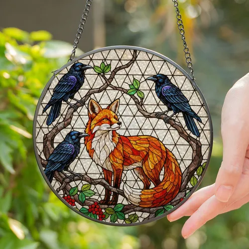 Red Fox Crows Tiffany Glass Artwork Mosaic - Textured Luminous Nature Decor Gift Stained Glass Suncatcher