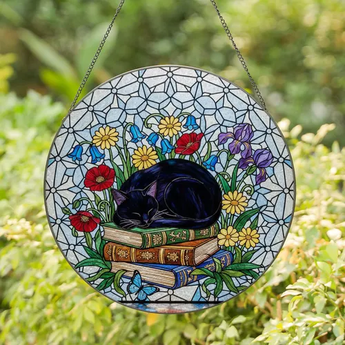 Black Cat Sleeping on Books Wildflower Butterfly Stained Glass Tiffany Mosaic Art - Cat Lover Gift Stained Glass Suncatcher