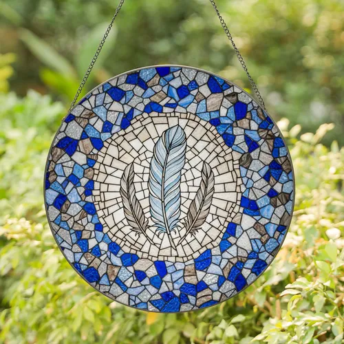 Three Feathers Tiffany Style Stained Glass Mosaic Art - Intricate Colorful Design Stained Glass Suncatcher