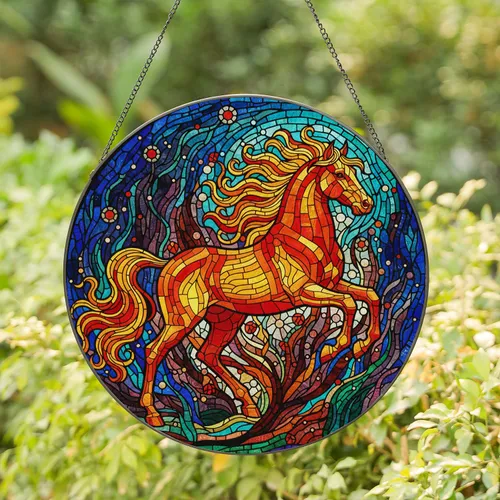 Majestic Horse Stained Glass Art - Tiffany Style Jewel Tones Swirling Mosaic Design Stained Glass Suncatcher