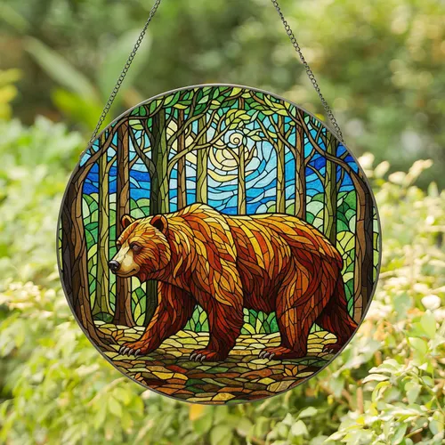 Grizzly Bear Mosaic Forest Stained Glass - Tiffany Style Intricate Wildlife Decor Stained Glass Suncatcher