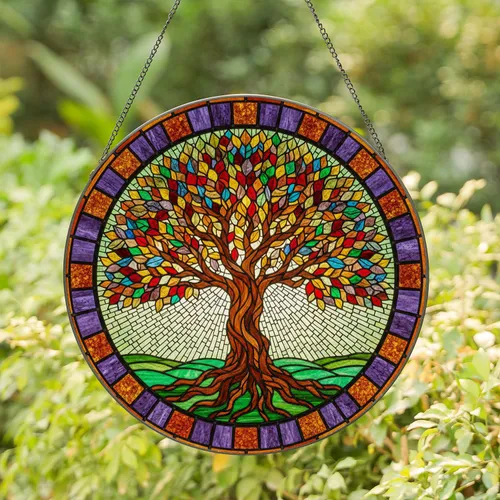 Intricate Tree of Life Stained Glass Mosaic - Multi-Colored Leaves & Purple Border Stained Glass Suncatcher