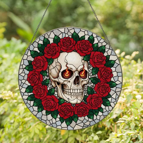 Cracked Human Skull with Fiery Eyes & Red Roses, Tiffany Style Fractured Glass Mosaic Stained Glass Suncatcher