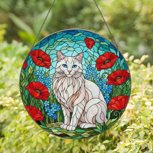 Fluffy White Cat Blue Eyes Stained Glass Red Poppy Garden Art - Cat Lover Home Decor Gift Stained Glass Suncatcher