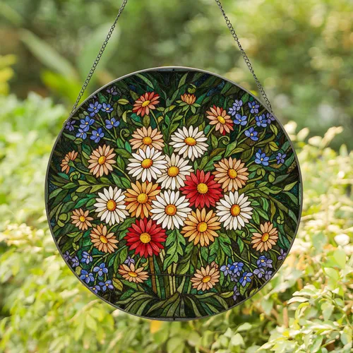 Stained Glass Daisy Dahlia Flower Bouquet with Yellow Orange Centers & Green Leaves Stained Glass Suncatcher