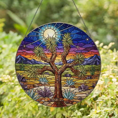 Gnarled Joshua Tree Desert Night Sky Full Moon Stars - Mountain Landscape Window Decor Stained Glass Suncatcher