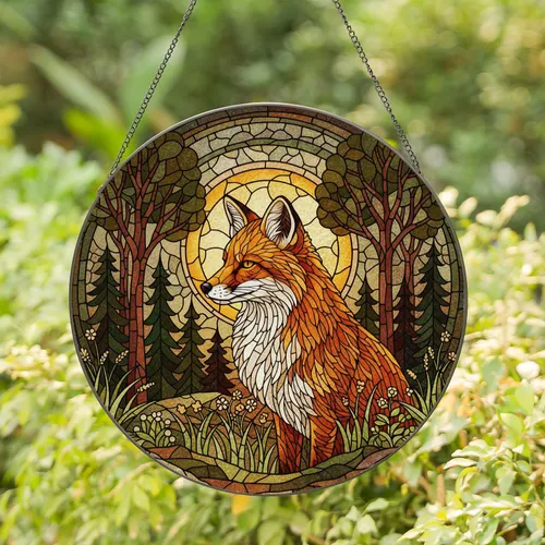 Tiffany Style Fox Stained Glass Forest Pine Trees Wild Grass Golden Crescent Sun Mosaic Stained Glass Suncatcher