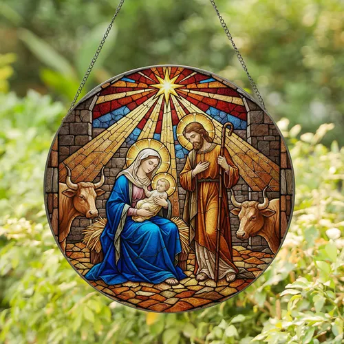 Nativity Scene Holy Family Stained Glass - Mary Joseph Jesus Christmas Holiday Gift Stained Glass Suncatcher