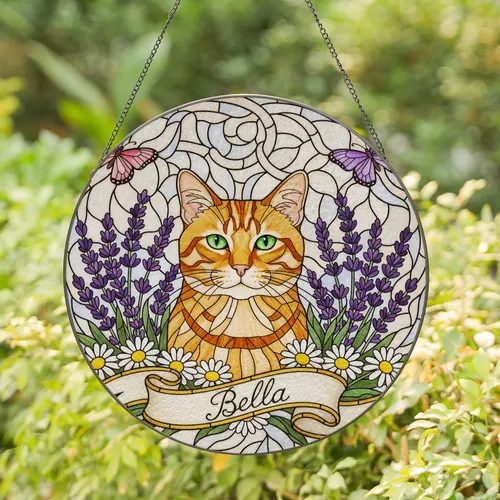 Orange Tabby Cat Bella Banner Lavender Daisy Butterfly Tiffany Glass Style Stained Glass Suncatcher