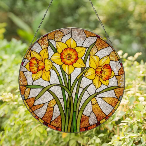 Stained Glass Daffodil Bouquet Mosaic - Colorful Spring Garden Home Decoration Gift for Her Stained Glass Suncatcher