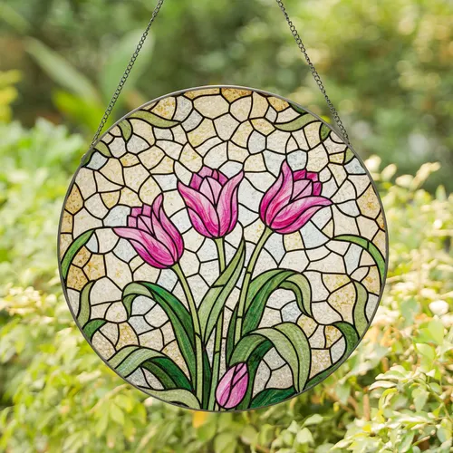 Three Pink Magenta Tulips Stained Glass Mosaic Art Tiffany Style - Spring Floral Home Decor Gift Stained Glass Suncatcher